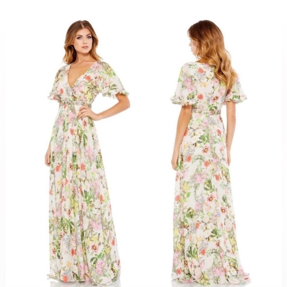 Mac Duggal Floral Maxi Dress in White, Pink, Green